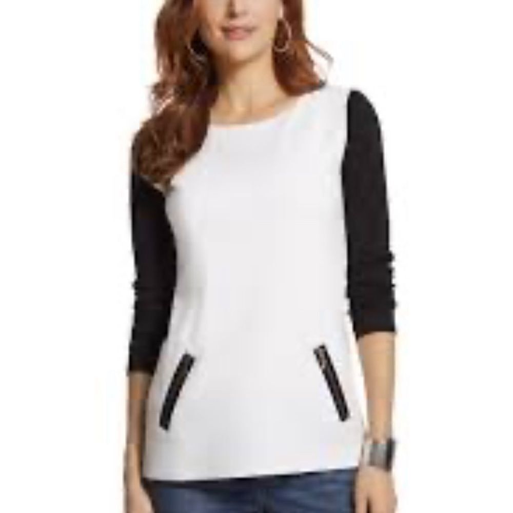 Chico's Tunic Top Colorblock 3/4 Sleeve Zipper Pockets White Black Size 1 Office